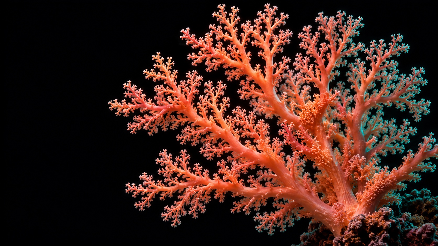 Intricate coral branches in salmon and turquoise light against black water.
